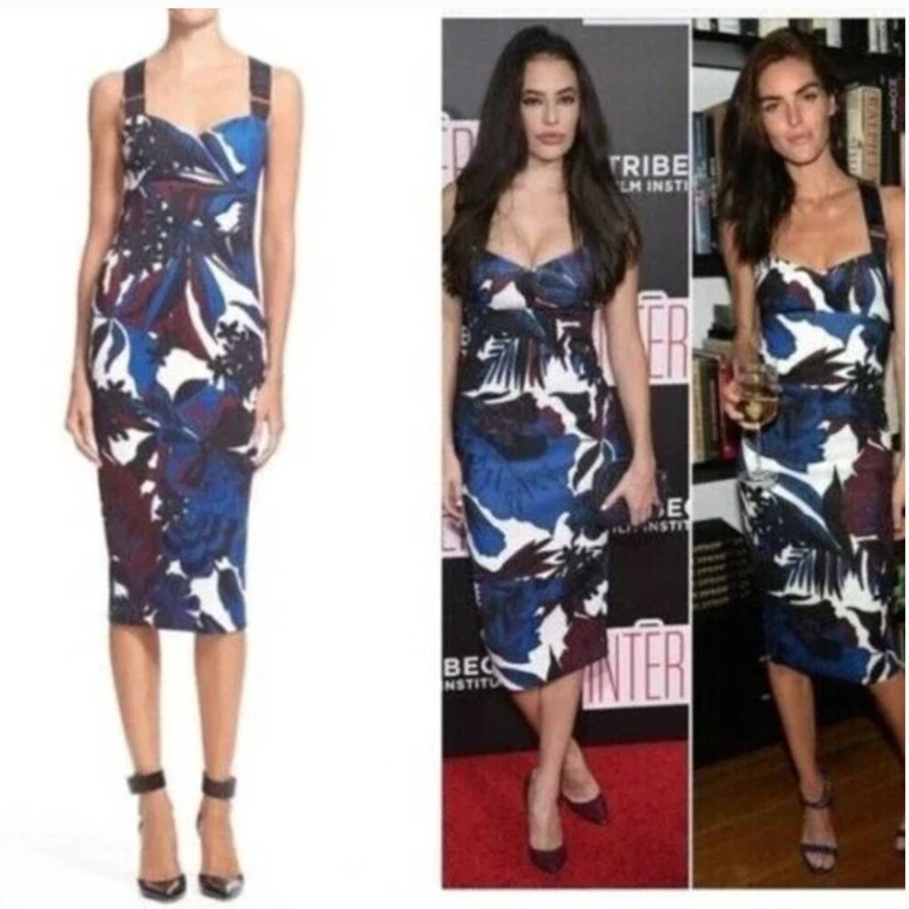 Ted Baker London Randela Blue White Woodblock Leaf Bodycon Midi Dress | Medium